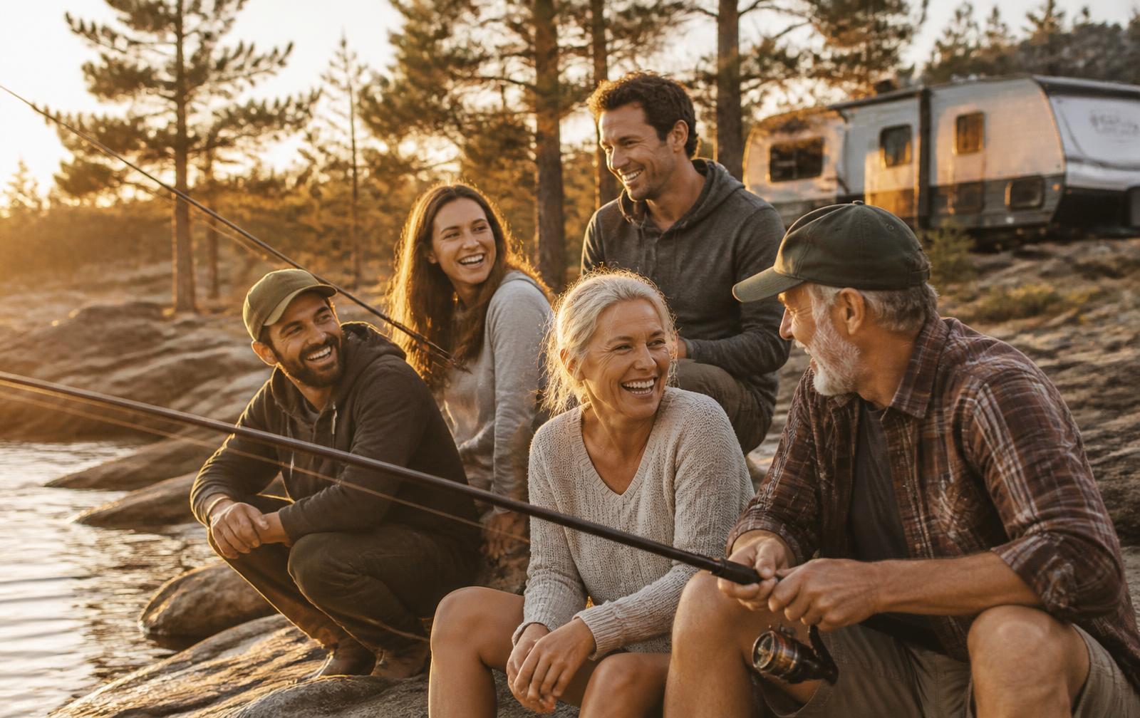 Family laughing together while fishing on a rocky Georgian Bay shoreline with their travel trailer parked in the pines behind them