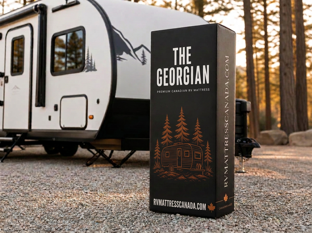 The Georgian mattress in a matte black RVMATTRESSCANADA.COM box beside a travel trailer at a campsite