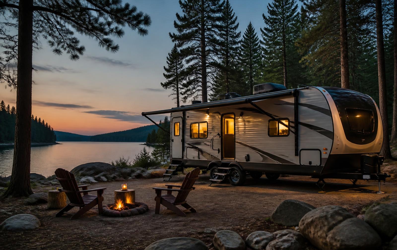 Canadian travel trailer parked beside a quiet lake at dusk